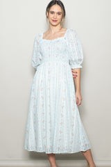 Light Blue Floral Smocked Midi Dress