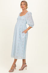 Light Blue Floral Smocked Maternity Midi Dress