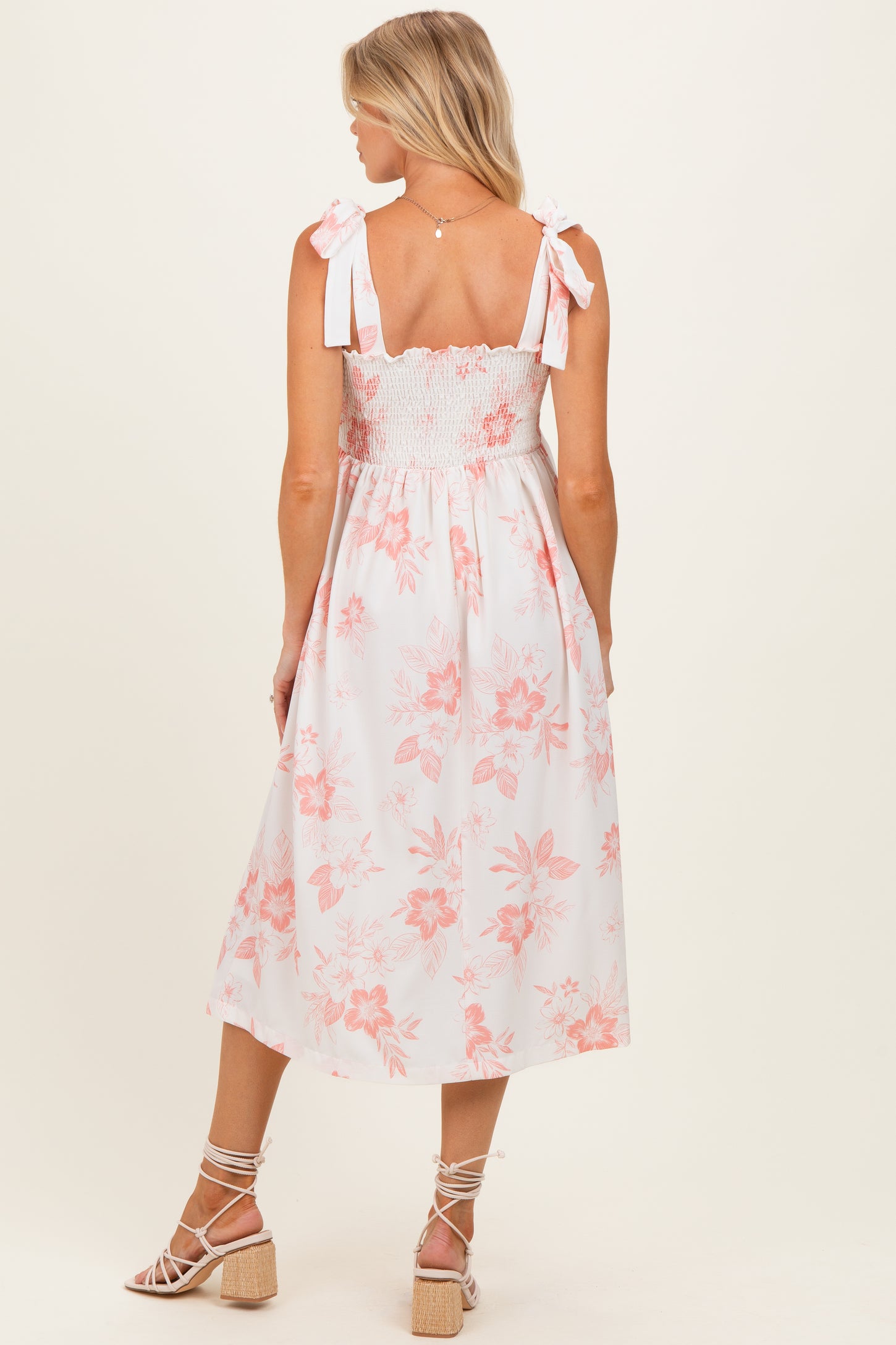 Peach Floral Smocked Maternity Midi Dress