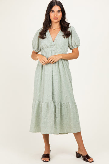 Sage Lace V-Neck Puff Sleeve Maxi Dress