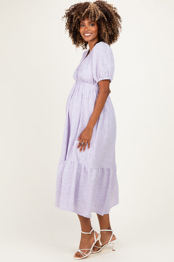 Lavender Lace V-Neck Puff Sleeve Maternity Maxi Dress