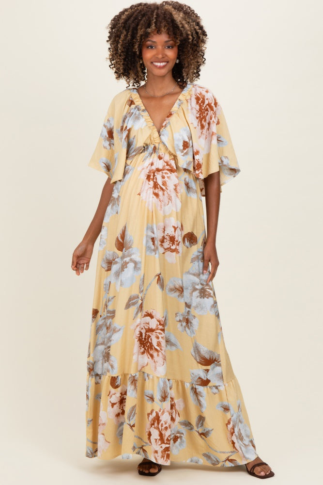 Yellow Floral V-Neck Maternity Maxi Dress