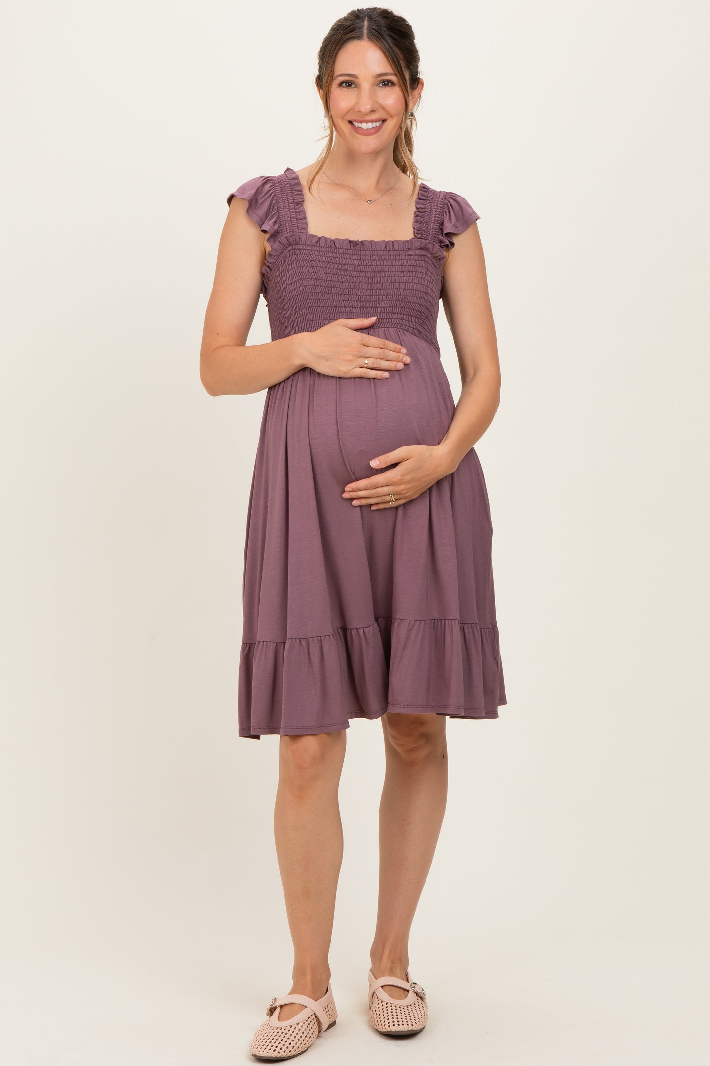 Plum Smocked Tiered Maternity Mini Dress