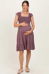 Plum Smocked Tiered Maternity Mini Dress