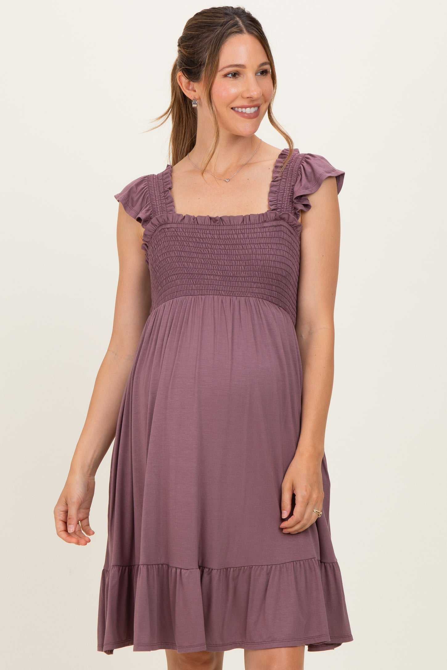 Plum Smocked Tiered Maternity Mini Dress