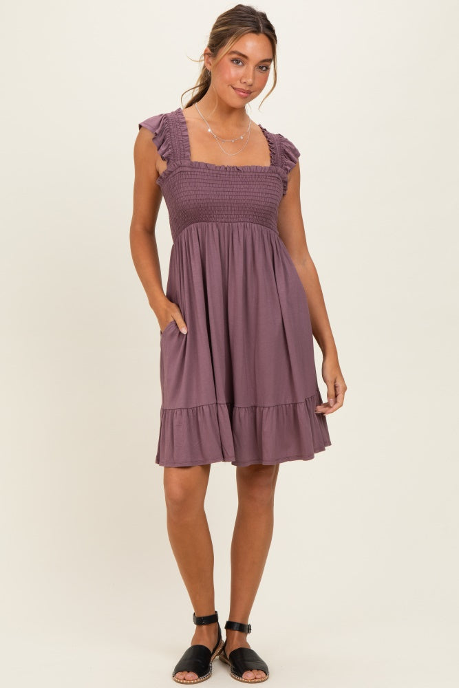 smocked tiered mini dress Plum Smocked Tiered Mini Dress