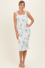 Sage Floral Shoulder Tie Fitted Midi Dress