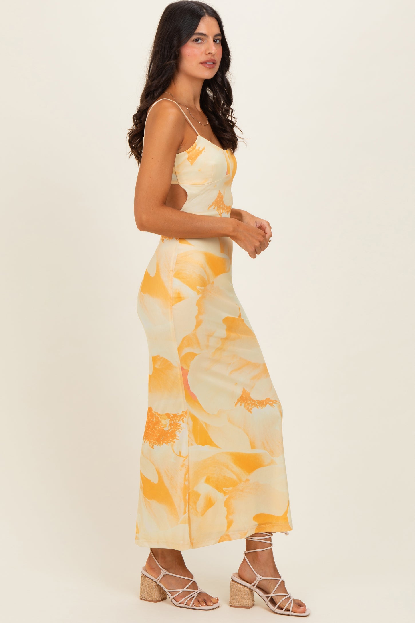 butter yellow floral dress Butter Yellow Floral Cutout Back Maxi Dress