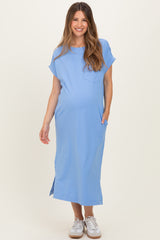 Cornflower Blue Pocket Front Maternity Midi T-Shirt Dress