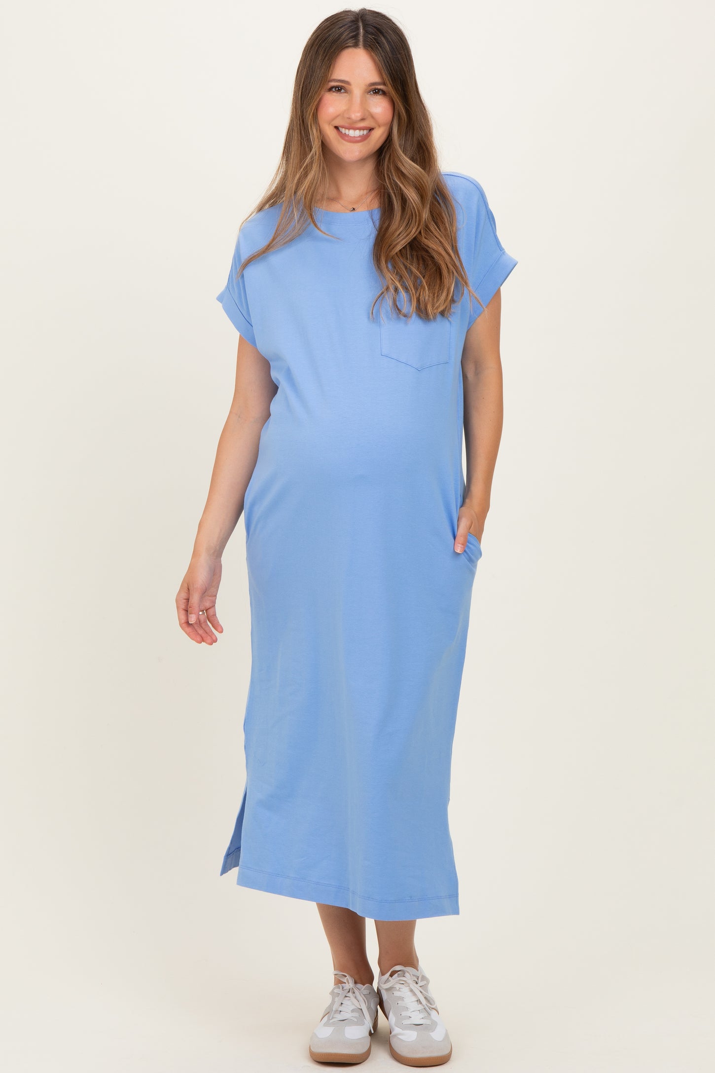 Cornflower Blue Pocket Front Maternity Midi T-Shirt Dress Cornflower Blue Pocket Front Maternity Midi T-Shirt Dress
