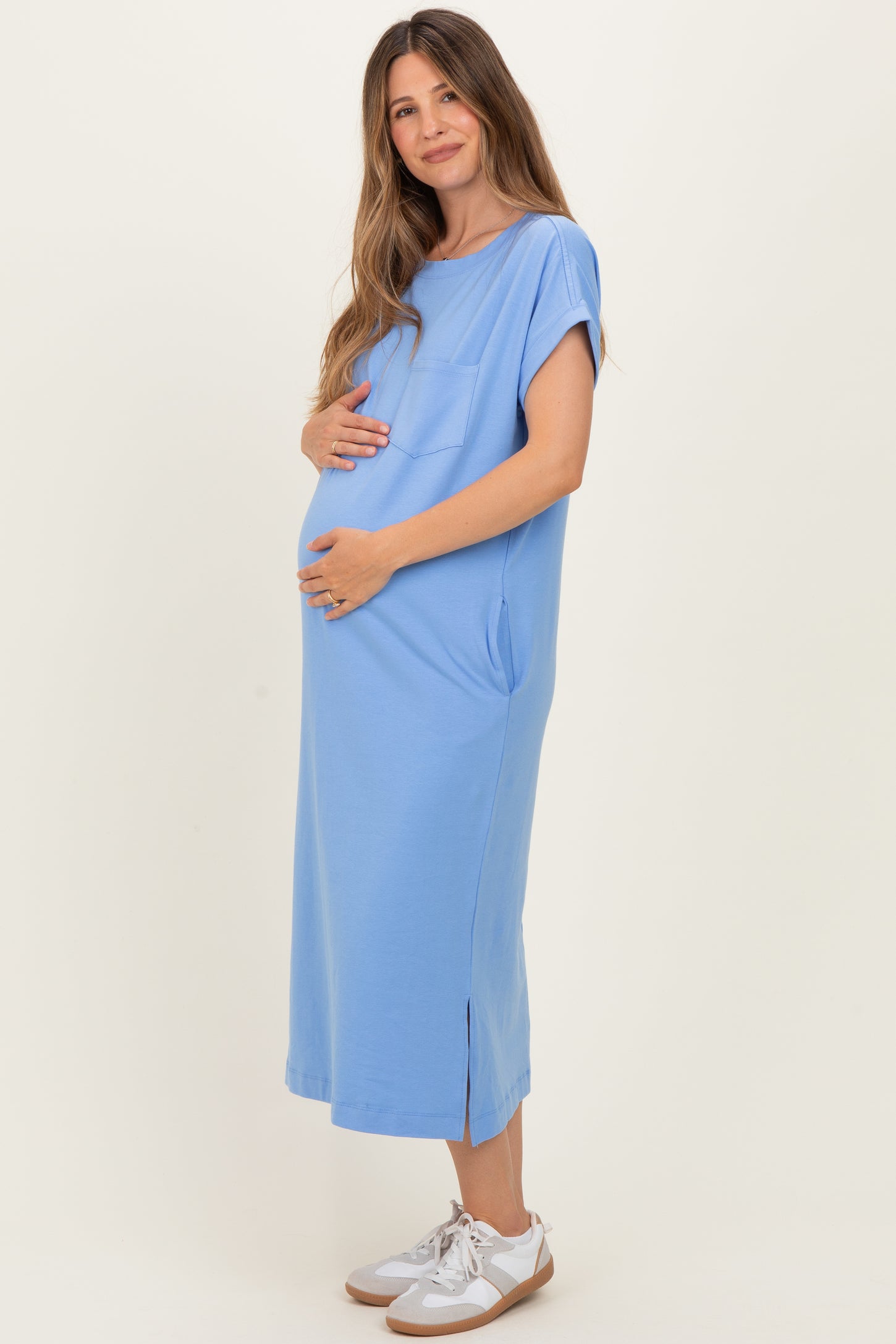 Cornflower Blue Pocket Front Maternity Midi T-Shirt Dress Cornflower Blue Pocket Front Maternity Midi T-Shirt Dress