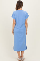 Cornflower Blue Pocket Front Maternity Midi T-Shirt Dress