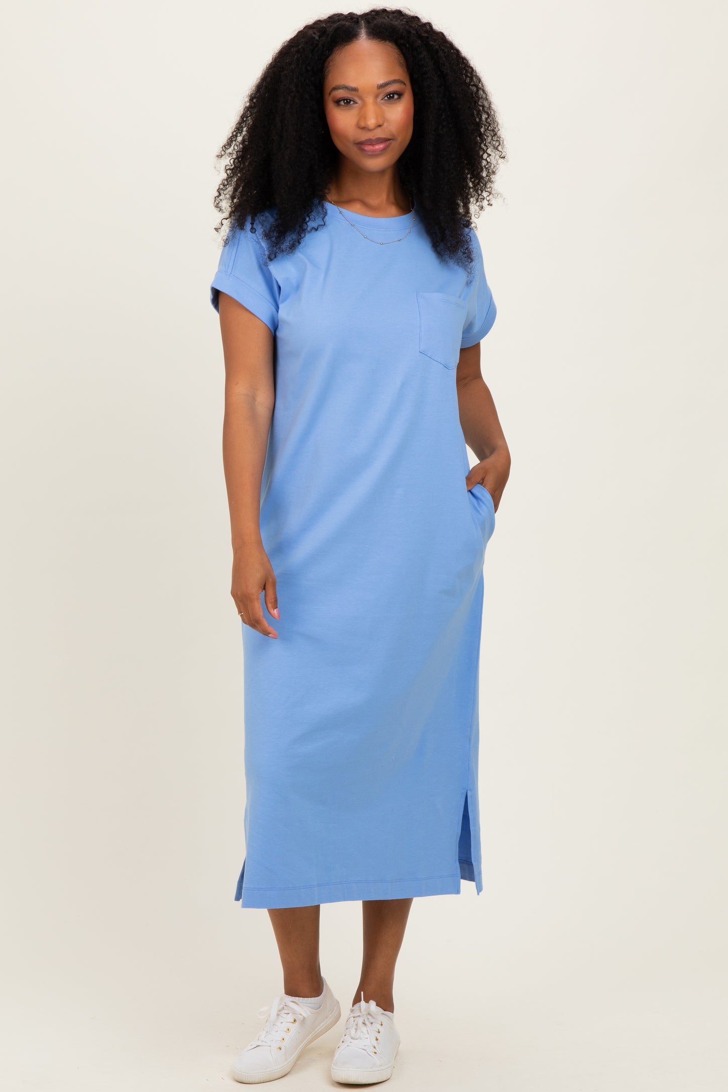 Cornflower Blue Pocket Front Maternity Midi T-Shirt Dress Cornflower Blue Pocket Front Maternity Midi T-Shirt Dress