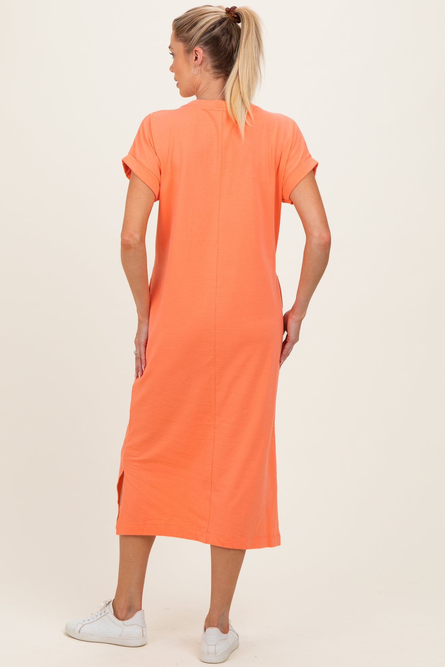 Peach Coral Pocket Front Maternity Midi T-Shirt Dress Peach Coral Pocket Front Maternity Midi T-Shirt Dress