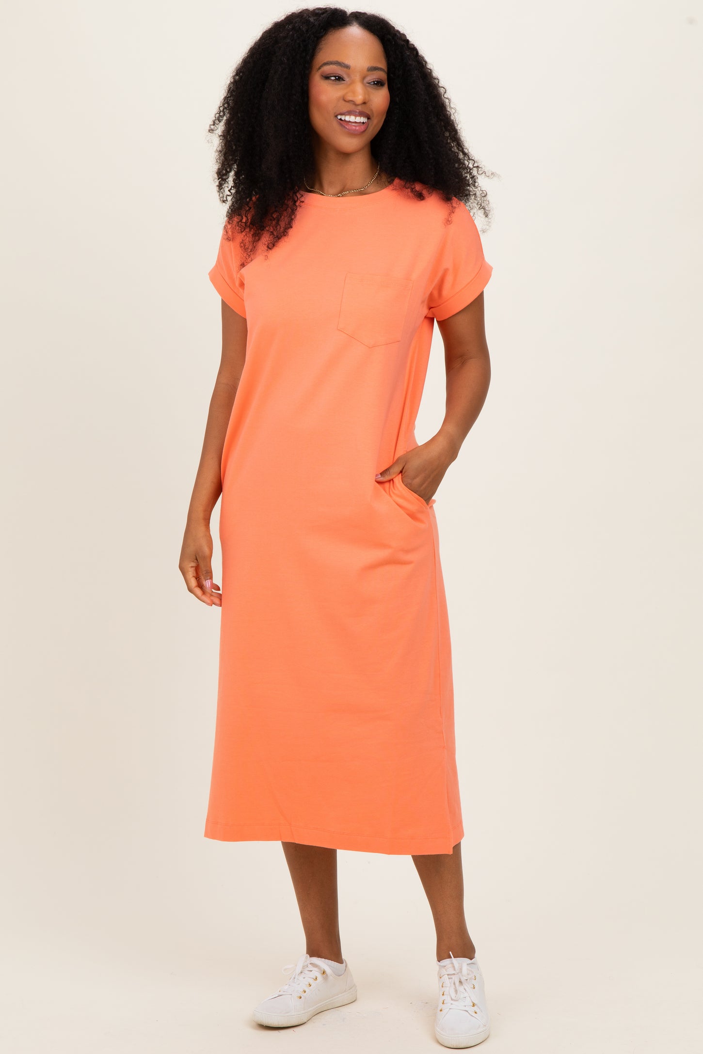 Peach Coral Pocket Front Midi T-Shirt Dress – PinkBlush