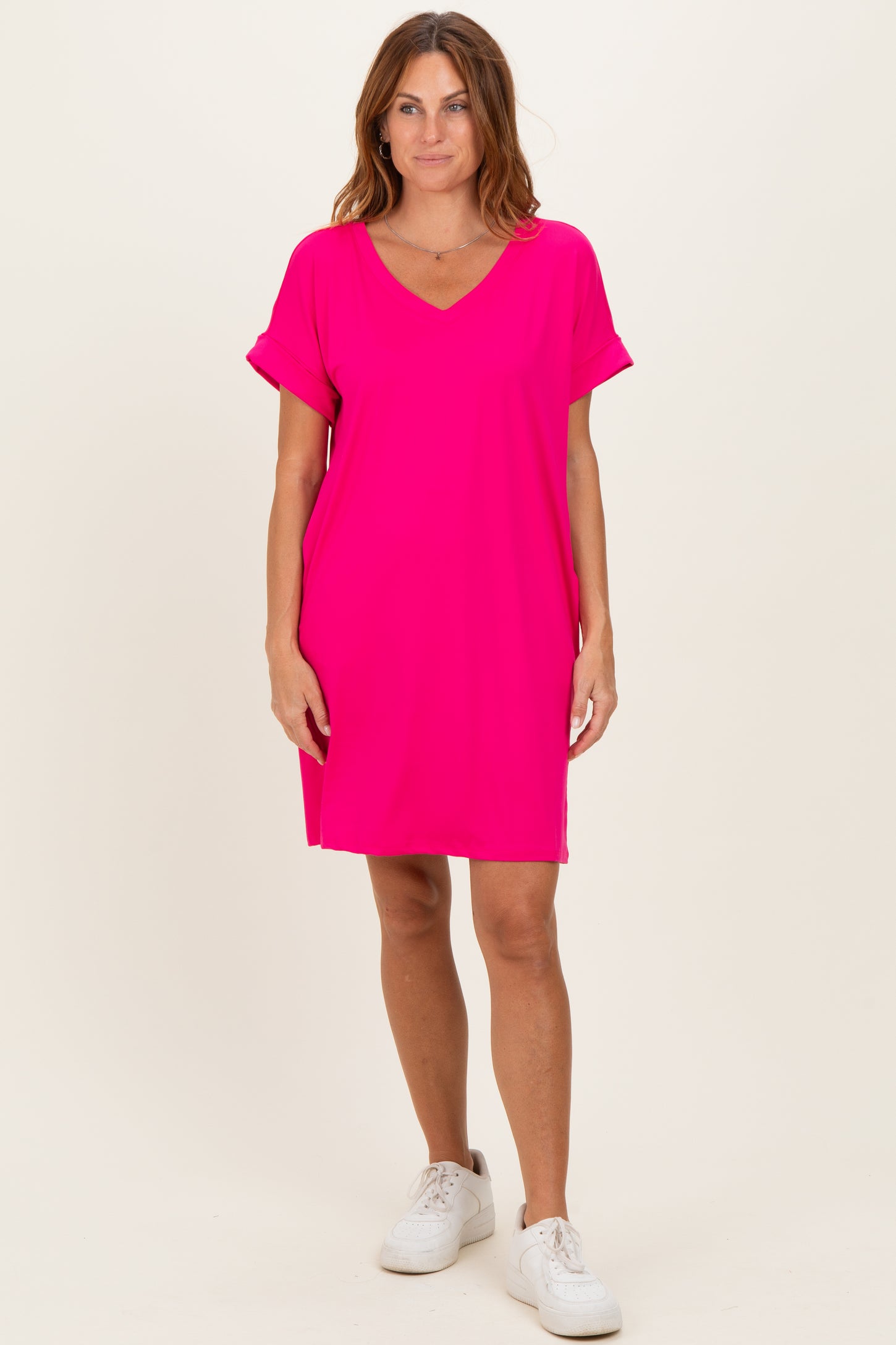 Hot Pink Brushed Rolled Short Sleeve V-Neck Maternity Dress Hot Pink Brushed Rolled Short Sleeve V-Neck Maternity Dress
