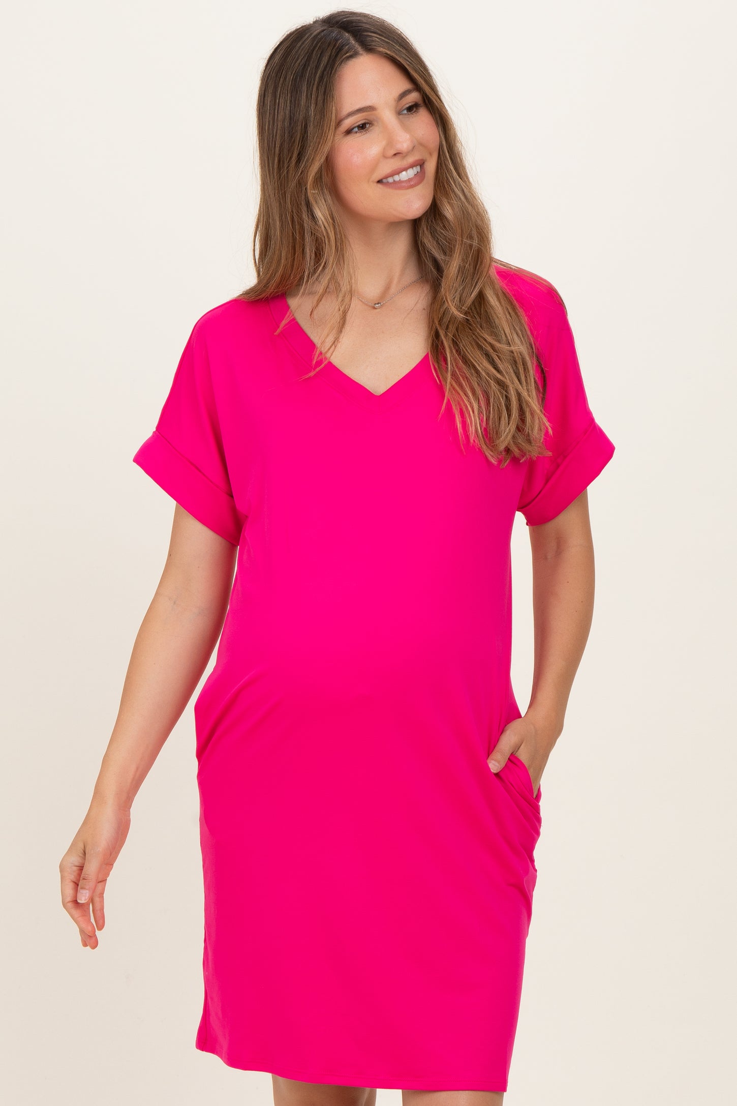 Hot Pink Brushed Rolled Short Sleeve V-Neck Maternity Dress – PinkBlush