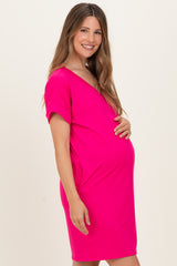 Hot Pink Brushed Rolled Short Sleeve V-Neck Maternity Dress