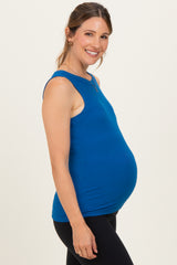 Classic Blue Ribbed High Neck Maternity Tank Top