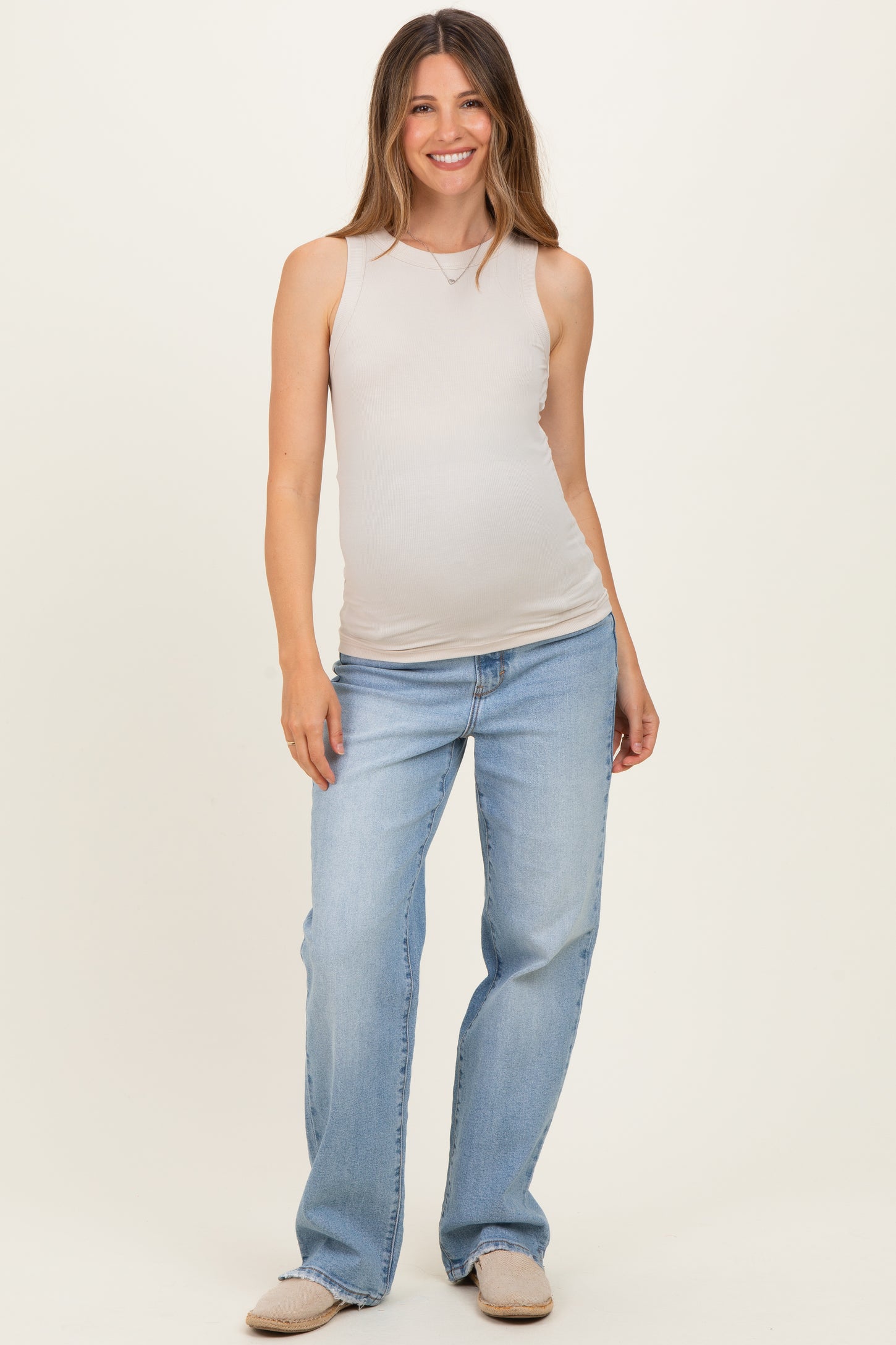 Sand Beige Ribbed High Neck Maternity Tank Top