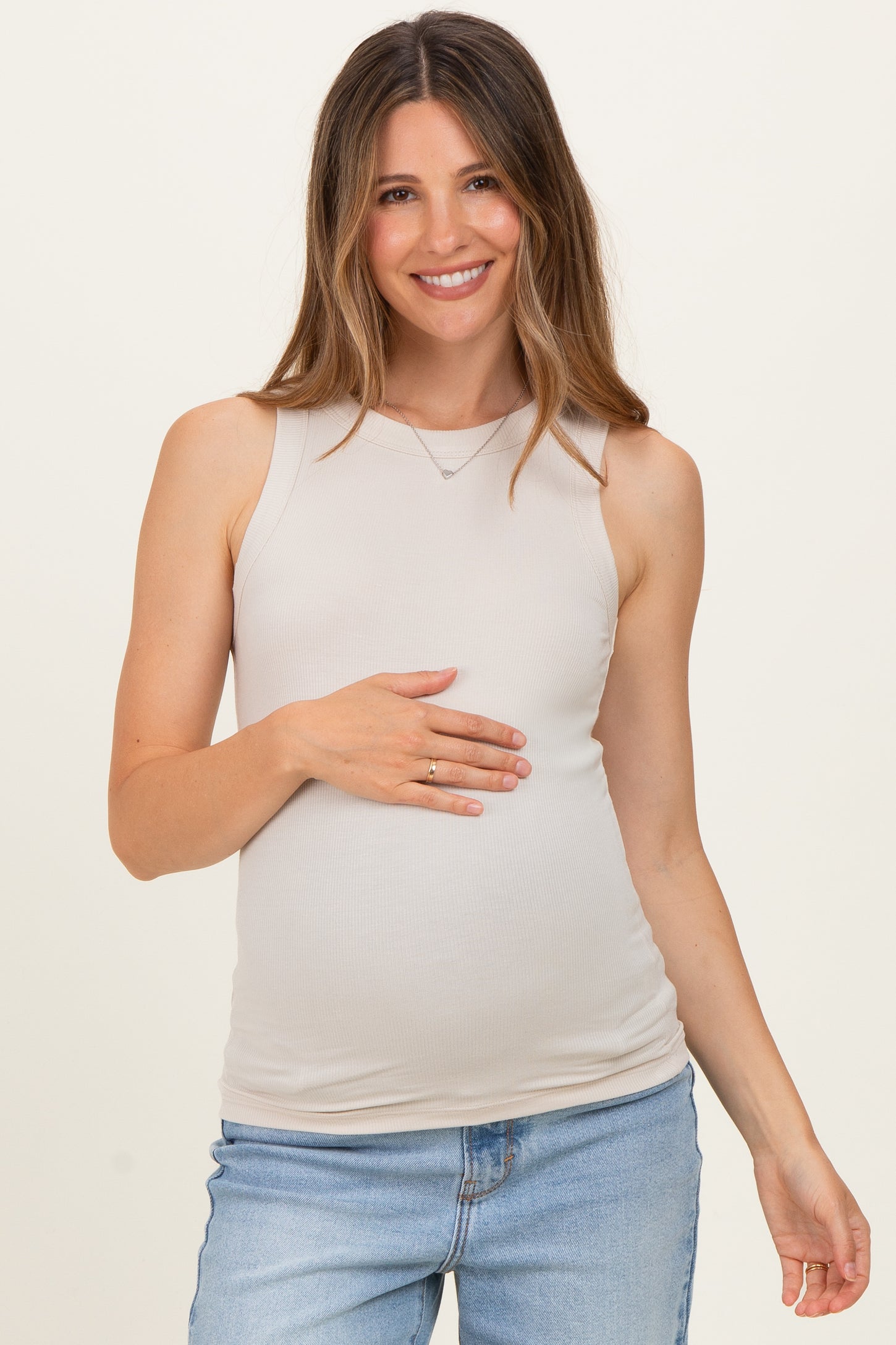 Sand Beige Ribbed High Neck Maternity Tank Top