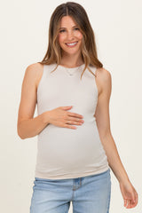 Sand Beige Ribbed High Neck Maternity Tank Top