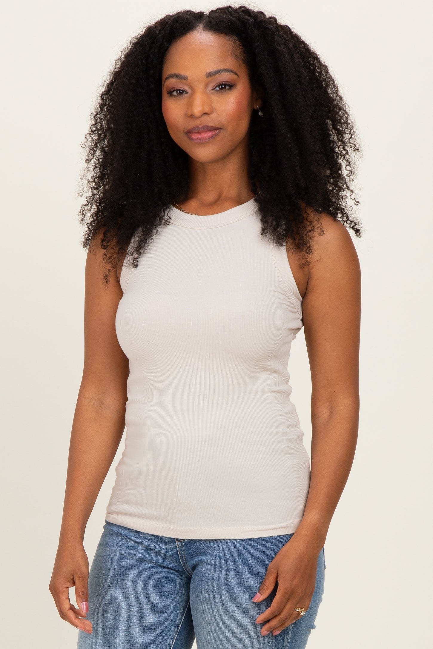 Sand Beige Ribbed High Neck Maternity Tank Top