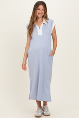 Light Blue Colorblock Polo Maternity Midi Dress