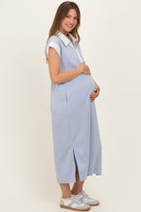 Light Blue Colorblock Polo Maternity Midi Dress