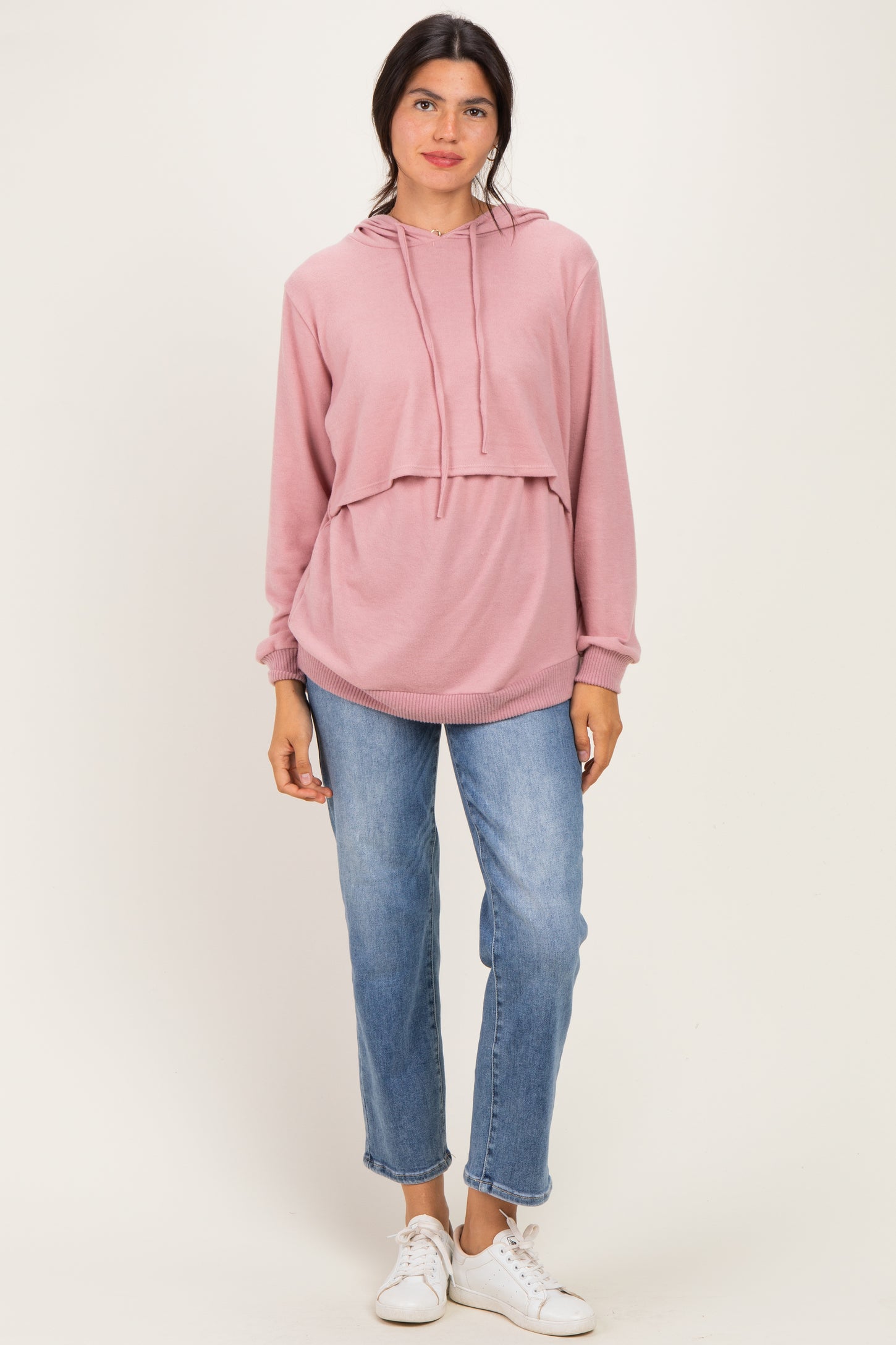 Pink Double Layer Long Sleeve Nursing Hoodie
