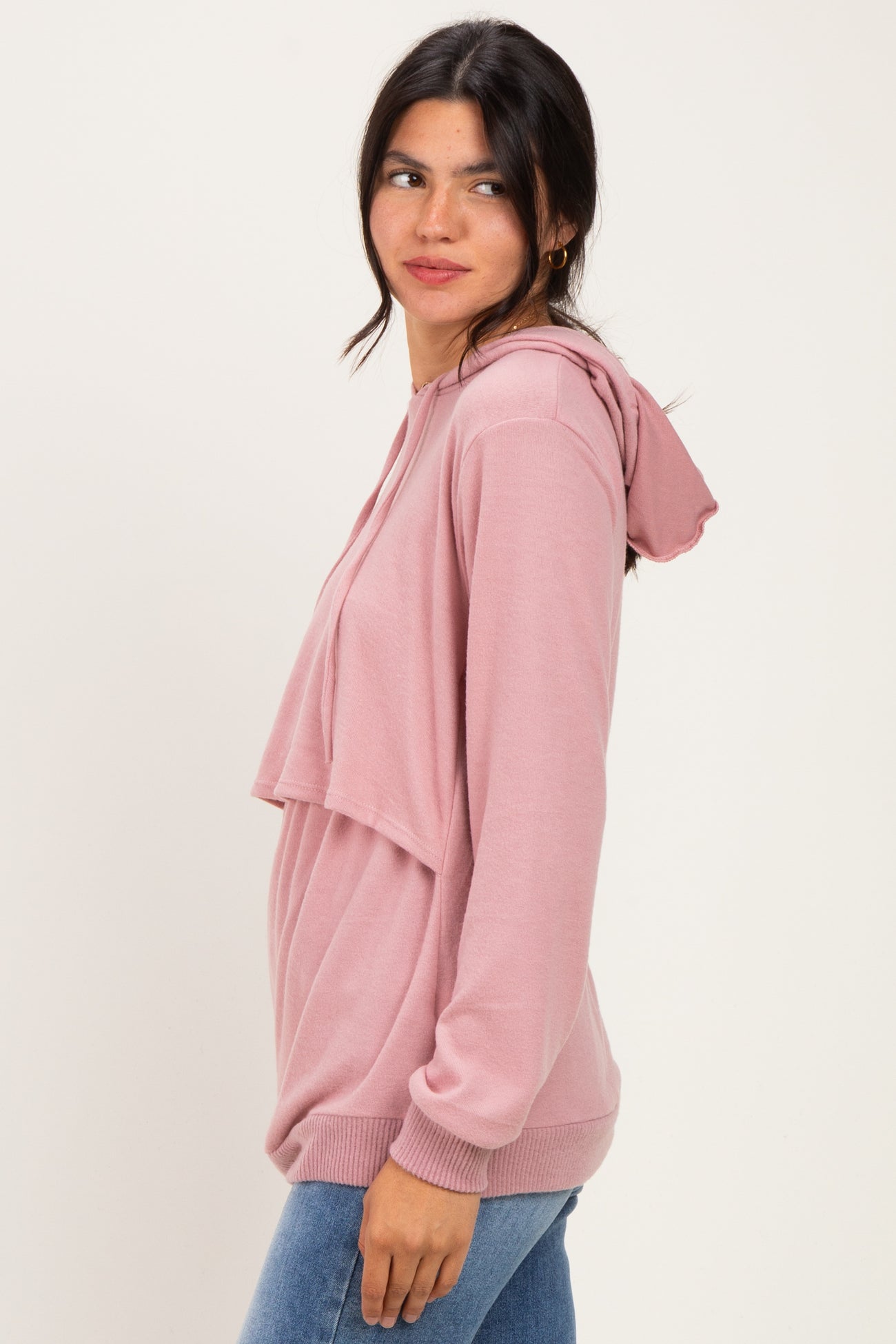 Pink Double Layer Long Sleeve Nursing Hoodie
