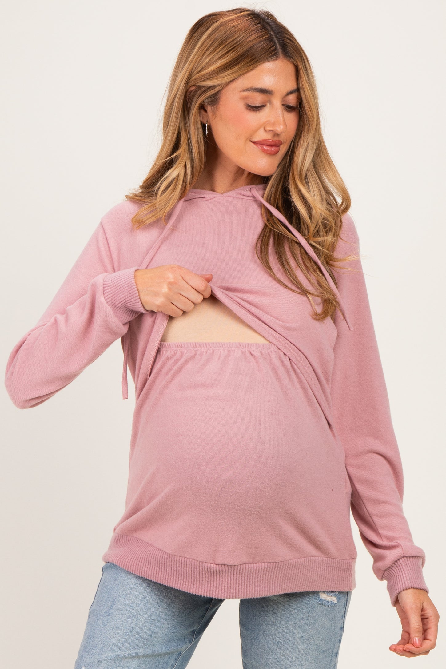 Pink Double Layer Long Sleeve Maternity Nursing Hoodie