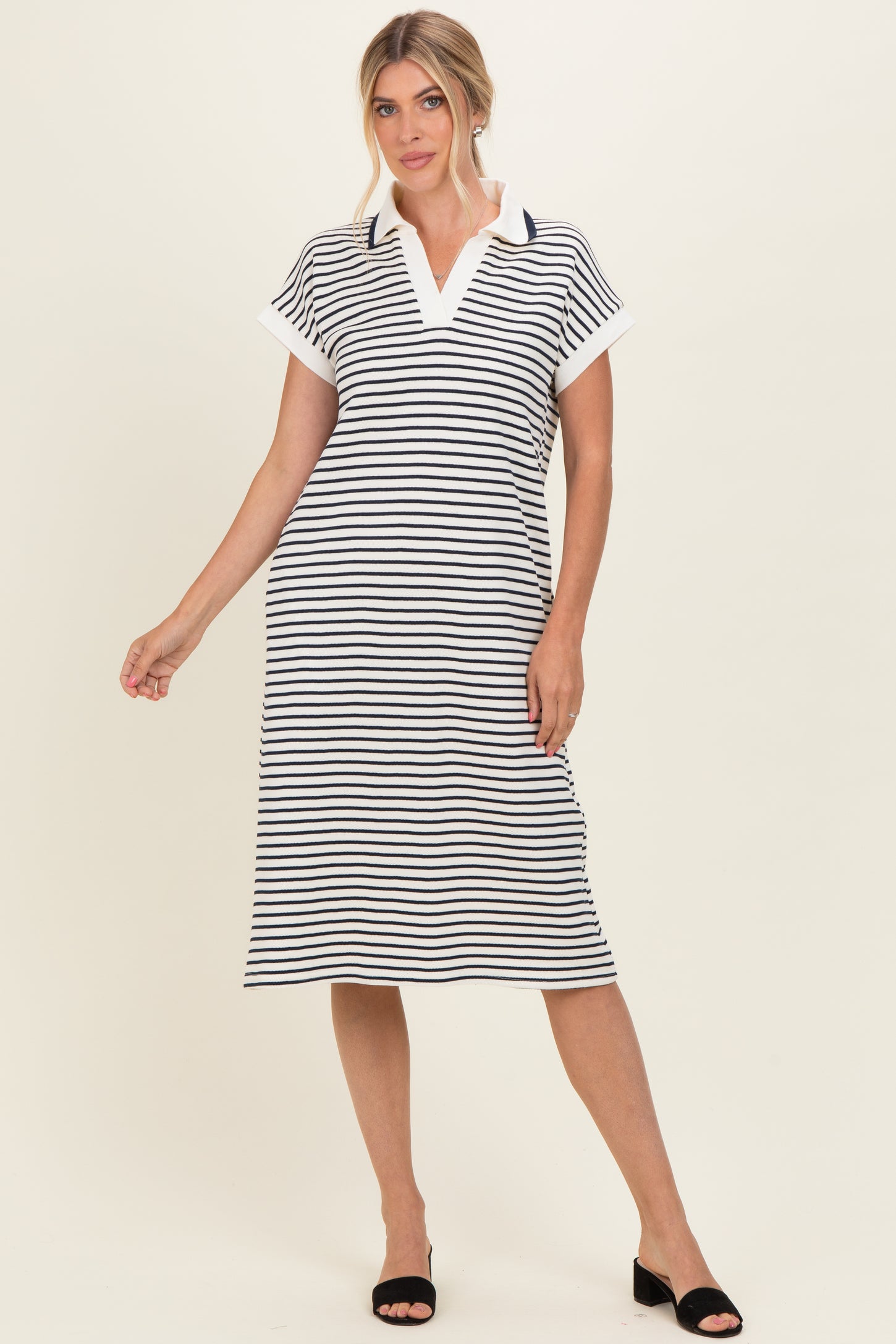 Navy Striped Polo Maternity Midi Dress – PinkBlush