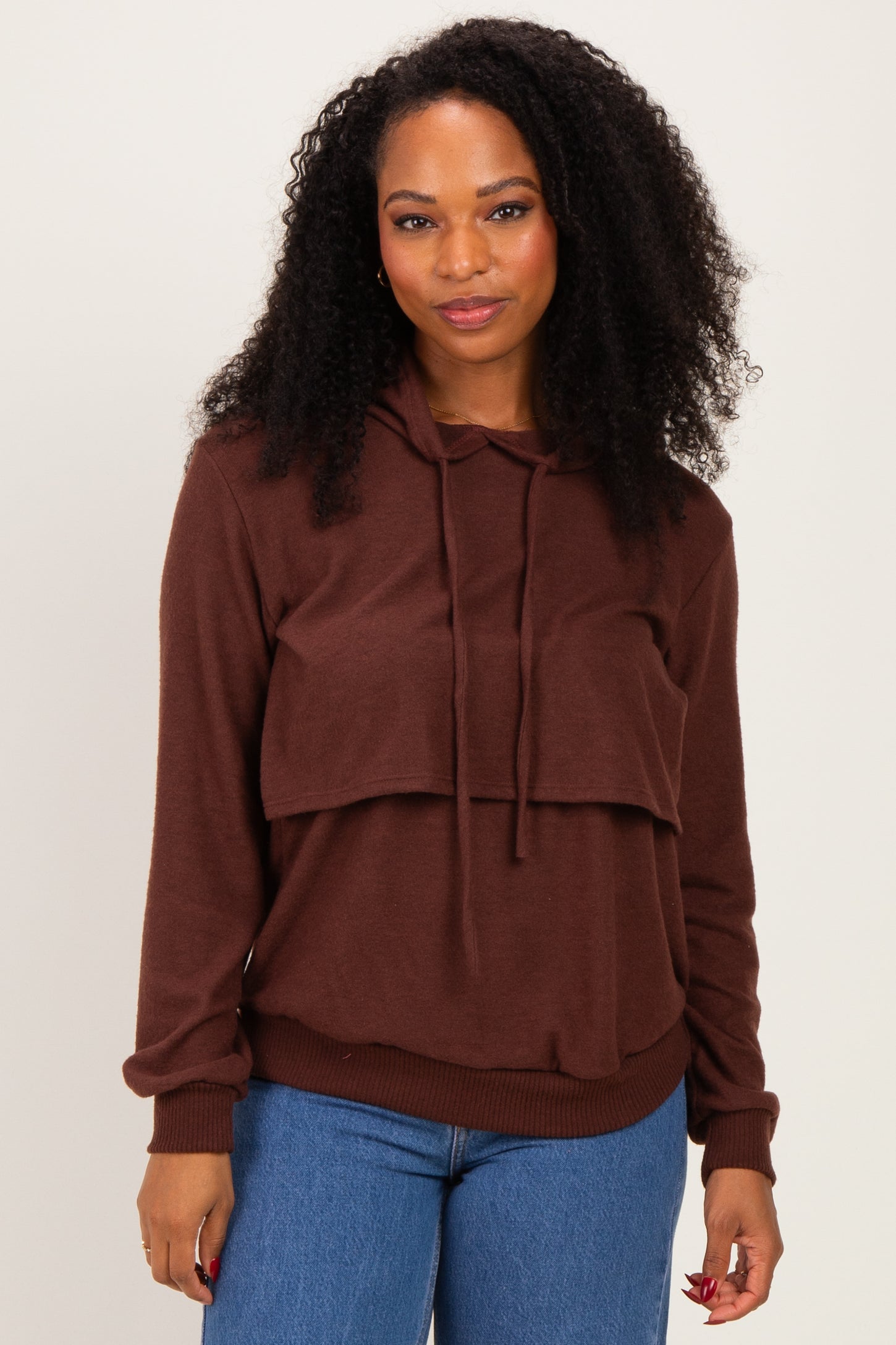 Burgundy Double Layer Long Sleeve Nursing Hoodie