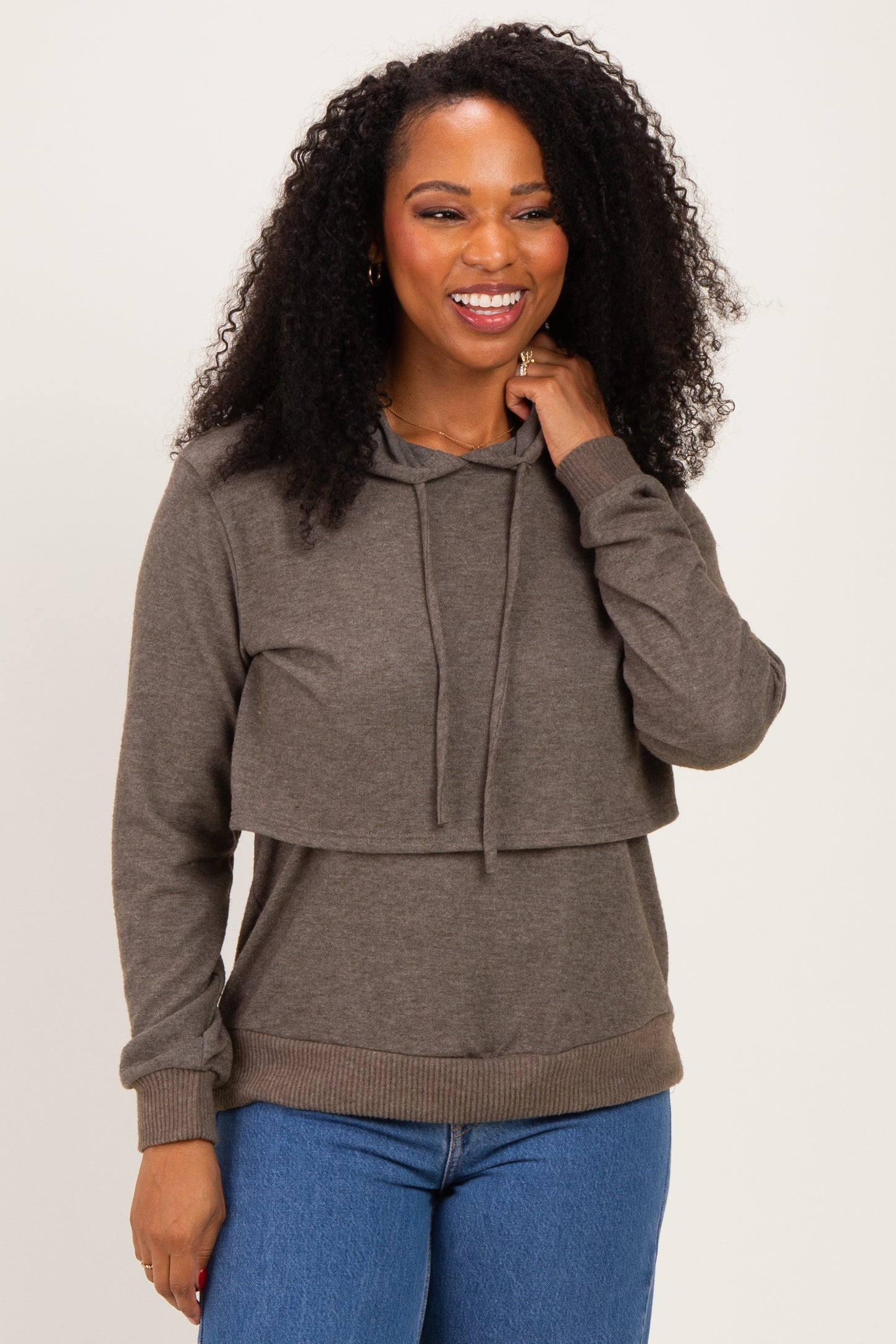 Mocha Double Layer Long Sleeve Nursing Hoodie