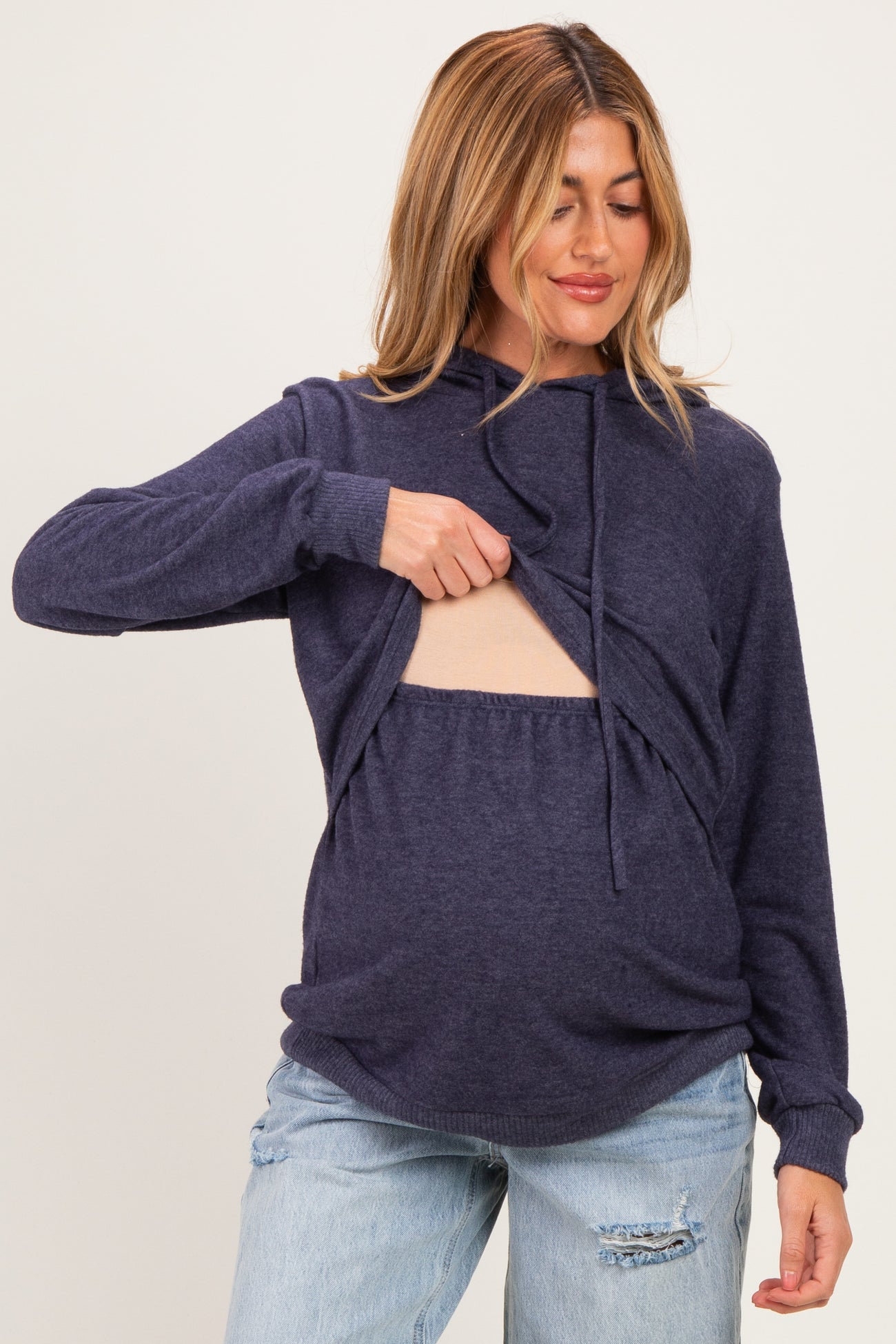 Navy Double Layer Long Sleeve Maternity Nursing Hoodie