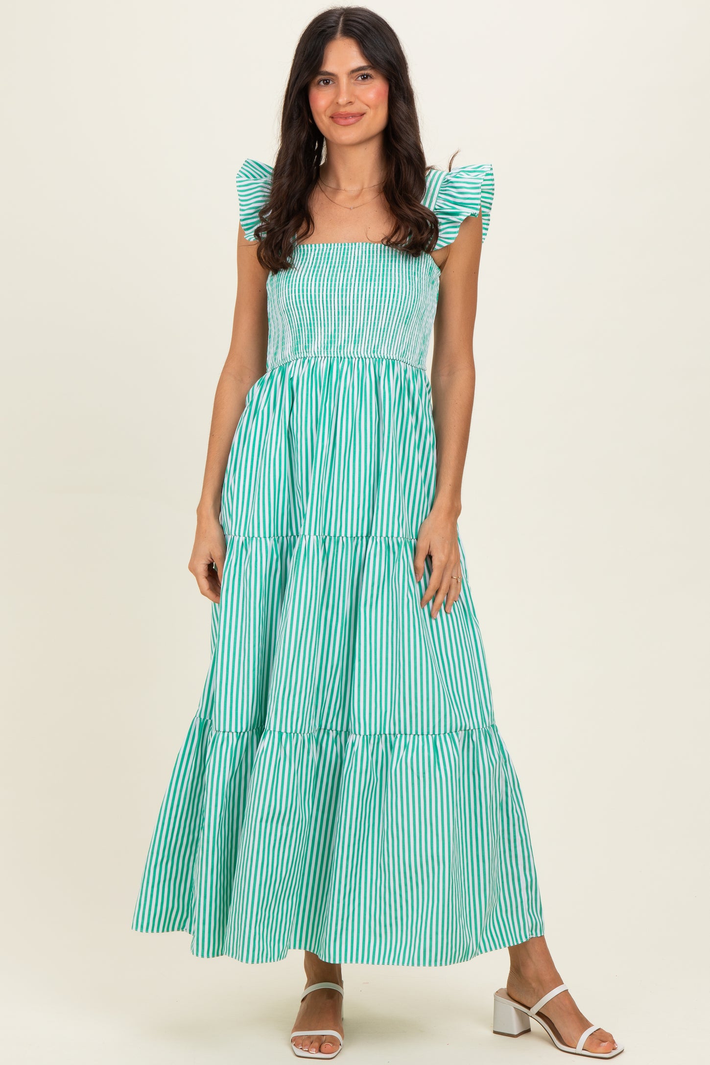 striped ruffle maxi dress Sky Blue Striped Ruffle Maxi Dress