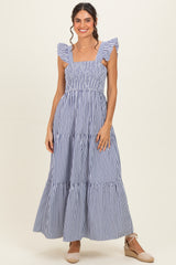 Navy Striped Ruffle Strap Smocked Maternity Maxi Dress