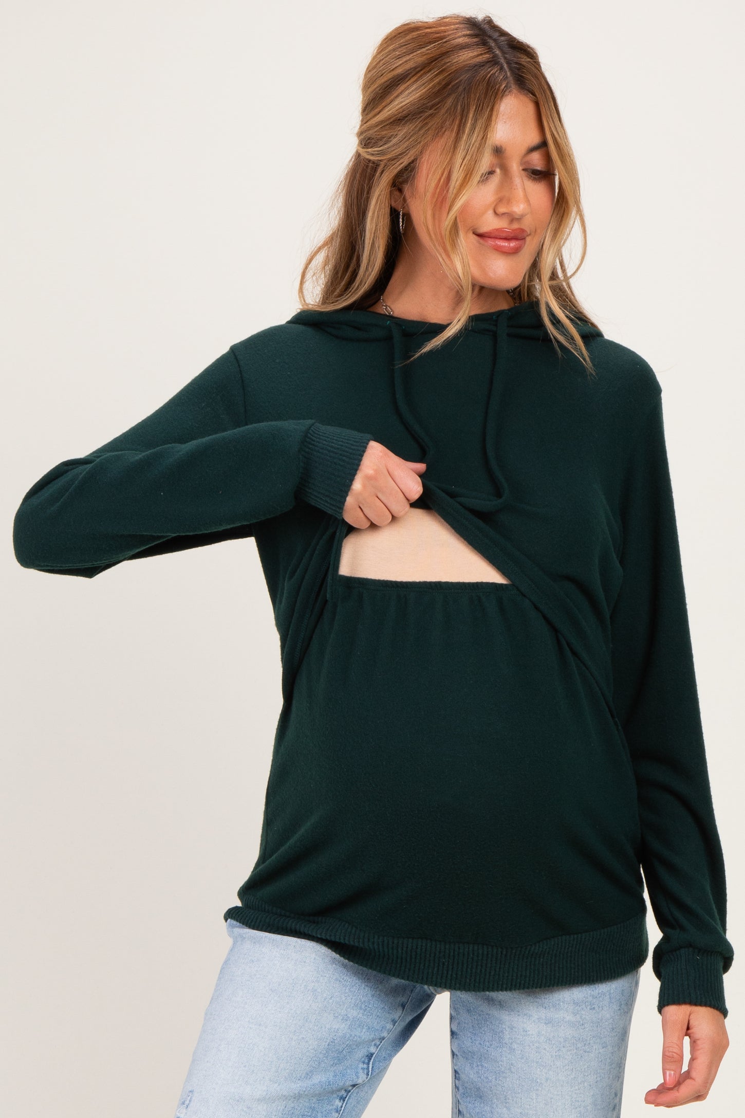 Hunter Green Double Layer Long Sleeve Maternity Nursing Hoodie