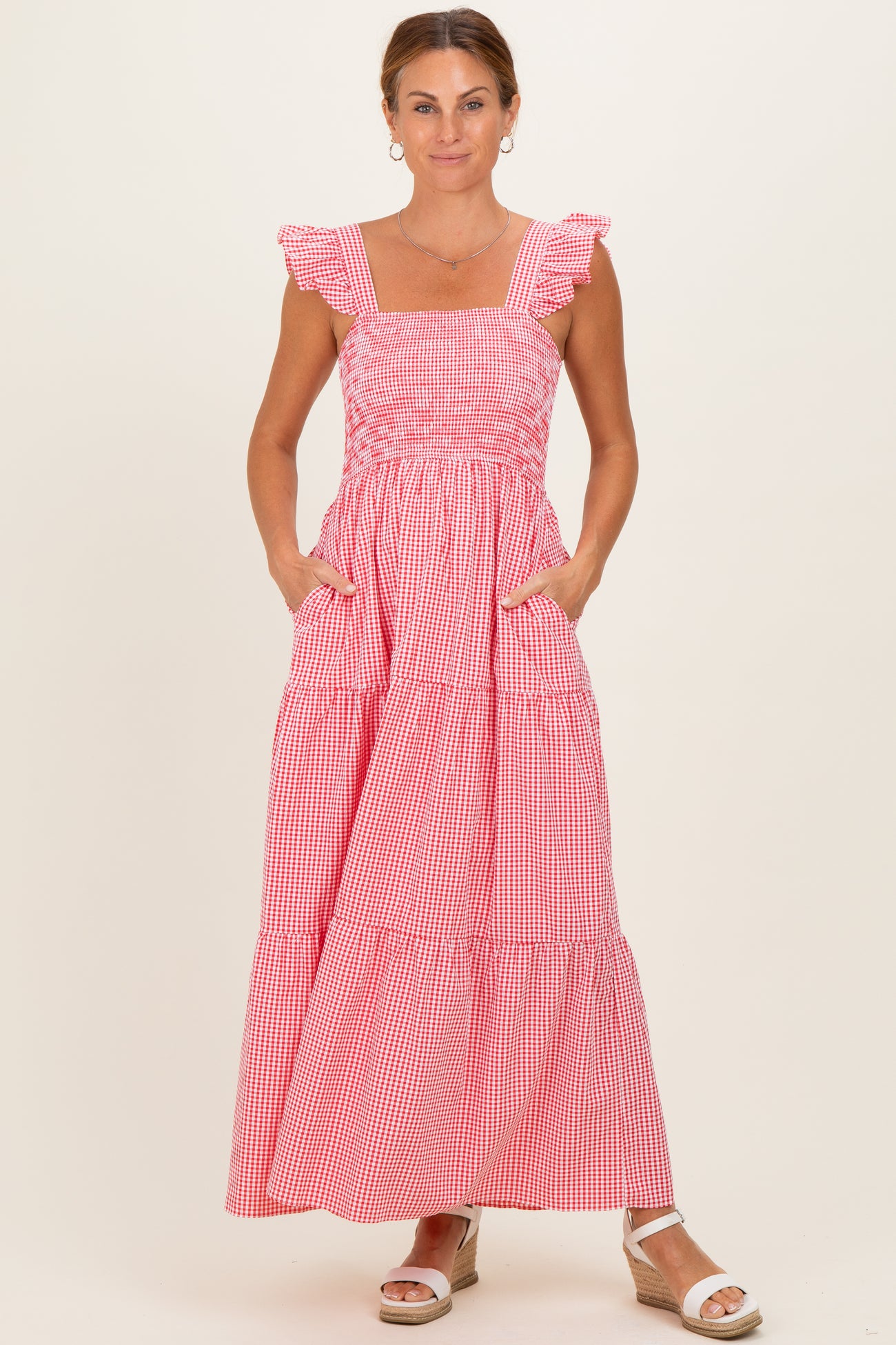 Red Gingham Ruffle Strap Smocked Maternity Maxi Dress – PinkBlush