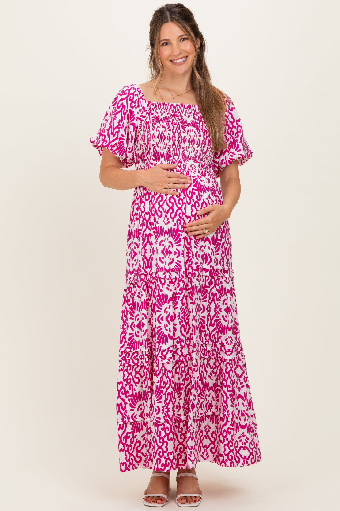 Fuchsia Printed Puff Sleeve Smocked Maternity Maxi Dress