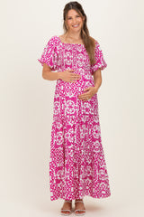 Fuchsia Printed Puff Sleeve Smocked Maternity Maxi Dress