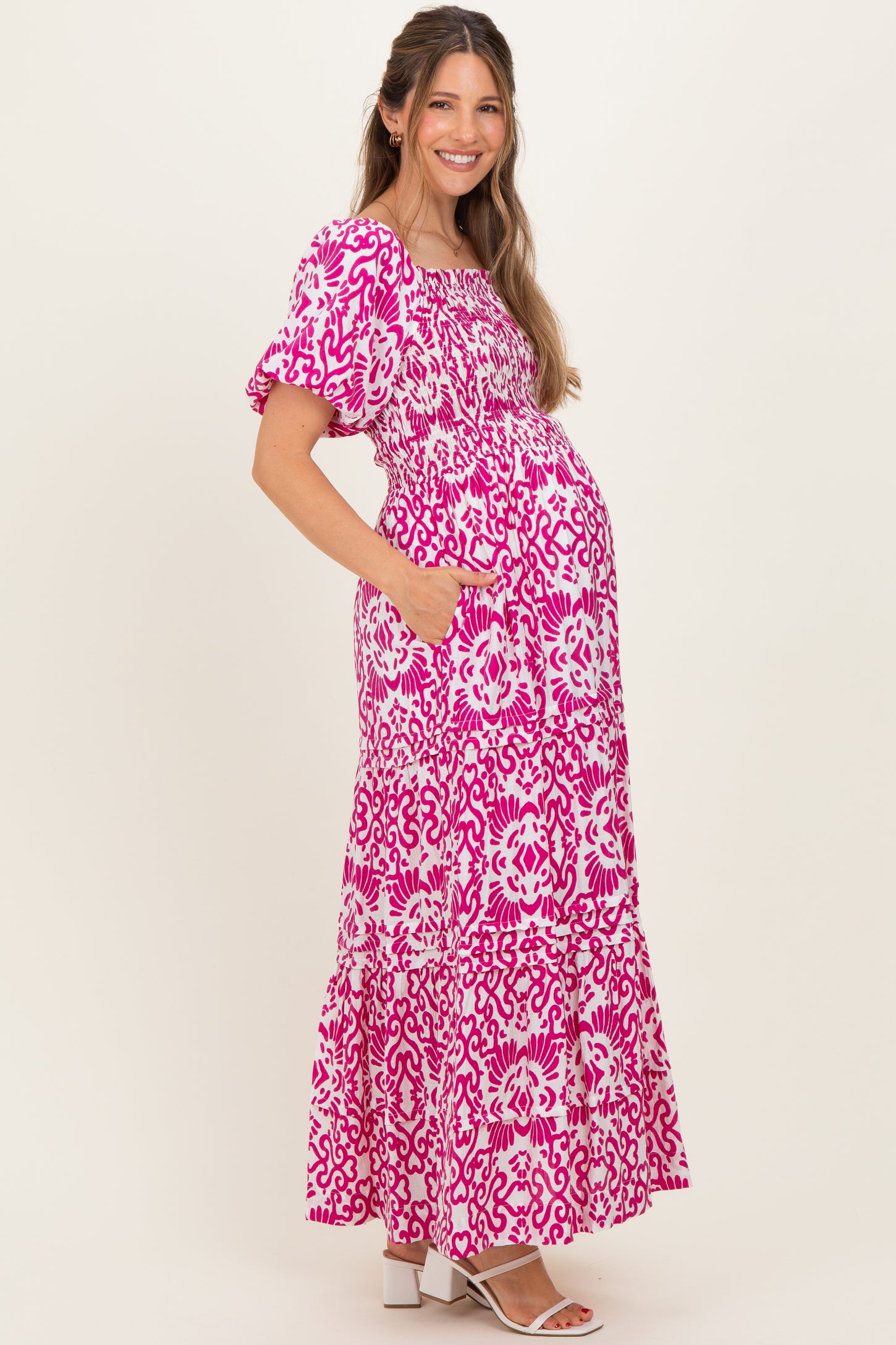 Fuchsia Printed Puff Sleeve Smocked Maternity Maxi Dress