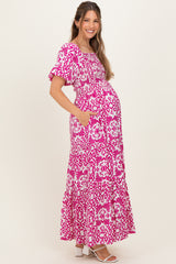 Fuchsia Printed Puff Sleeve Smocked Maternity Maxi Dress