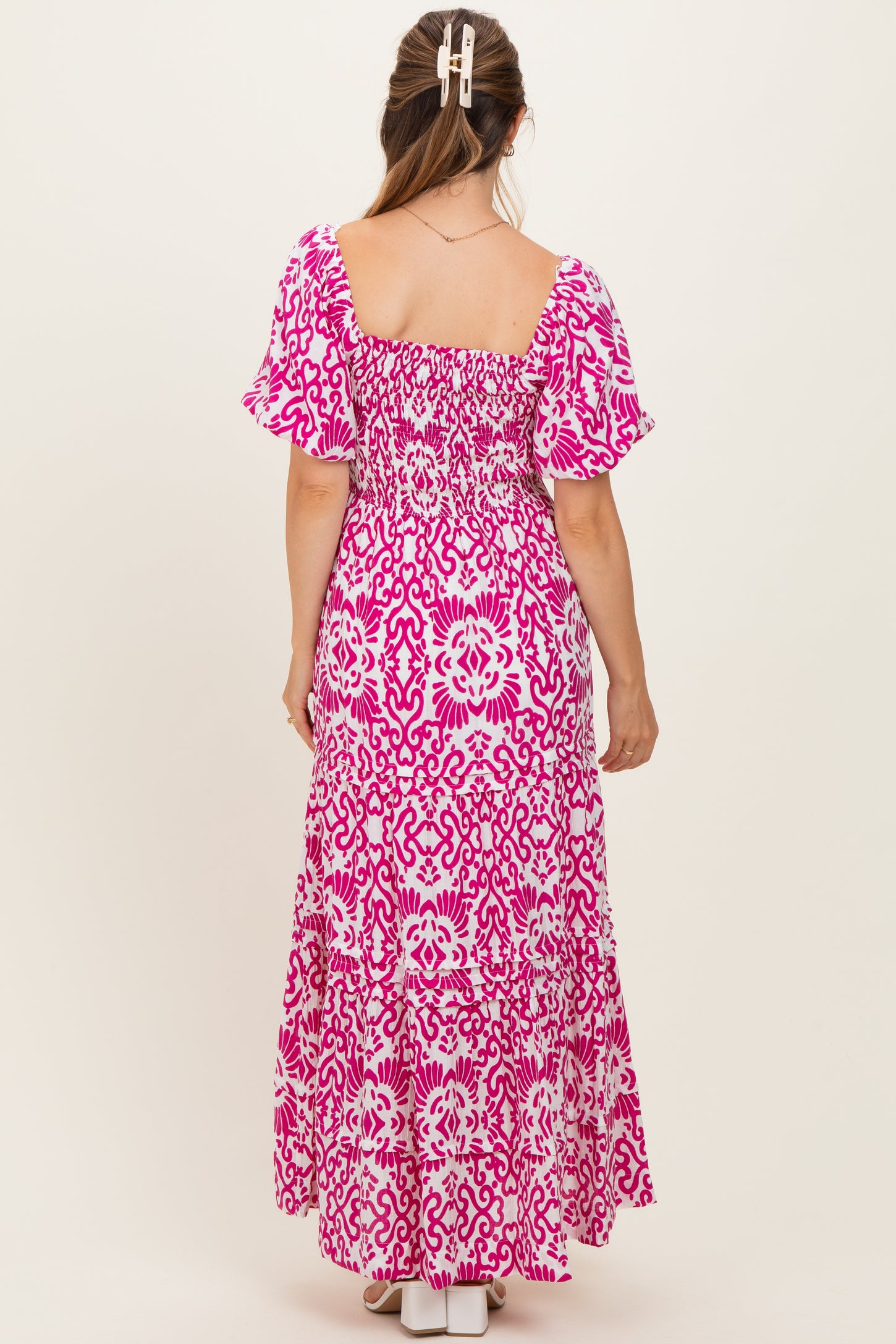Fuchsia Printed Puff Sleeve Smocked Maternity Maxi Dress