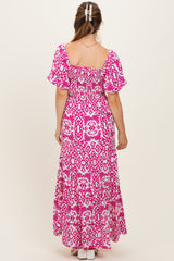 Fuchsia Printed Puff Sleeve Smocked Maternity Maxi Dress