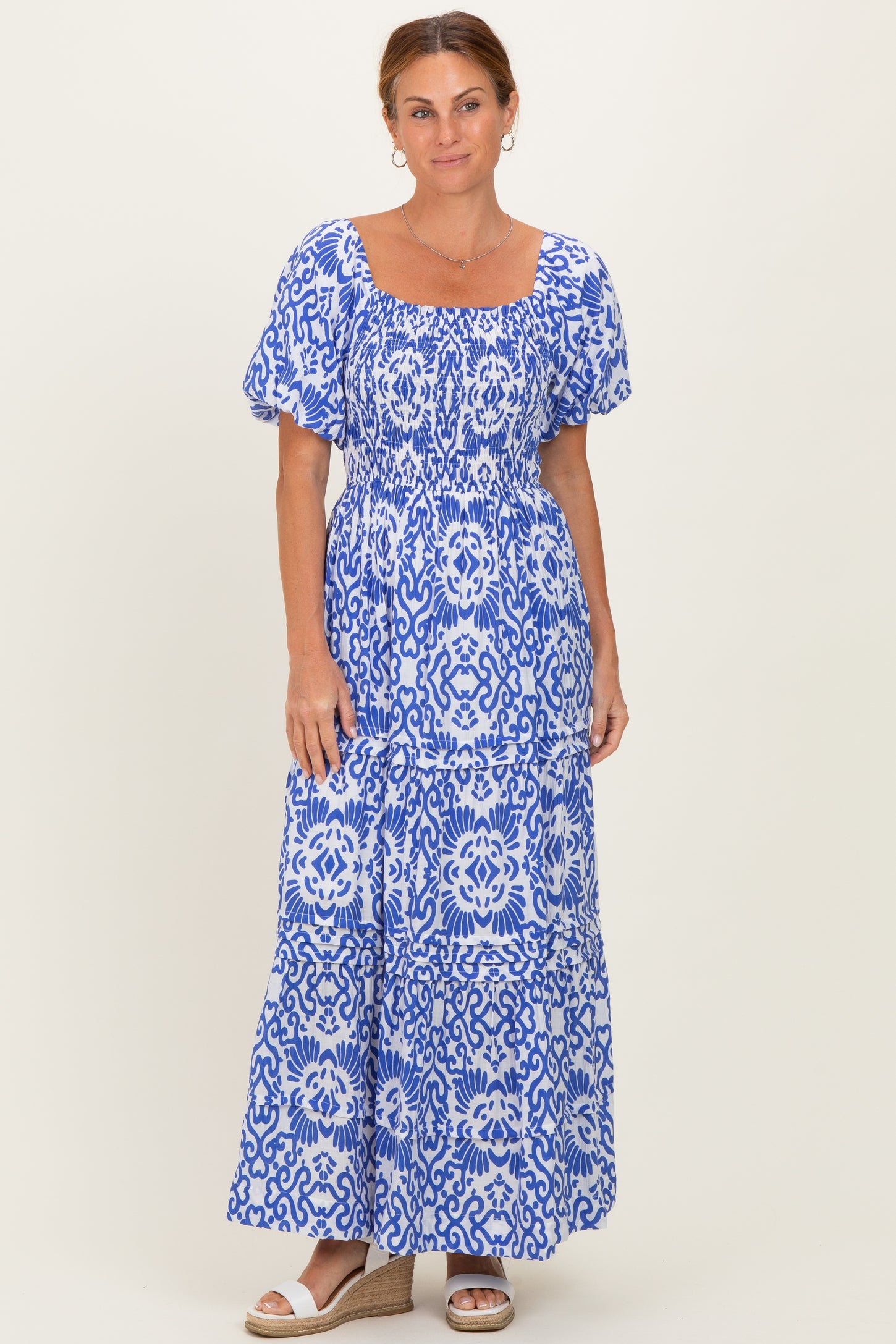 Royal Blue Printed Puff Sleeve Smocked Maternity Maxi Dress