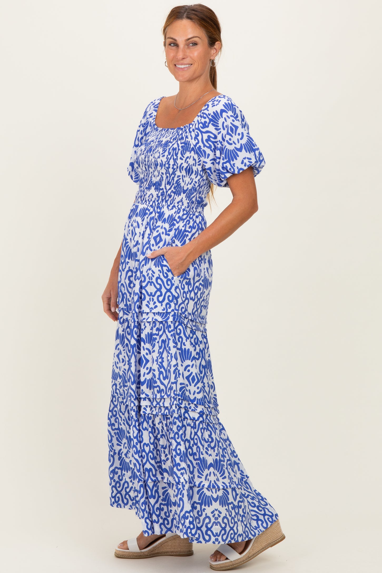 Royal Blue Printed Puff Sleeve Smocked Maxi Dress