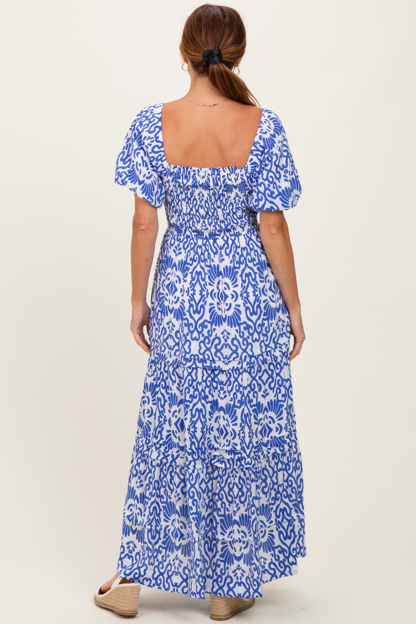 Royal Blue Printed Puff Sleeve Smocked Maxi Dress