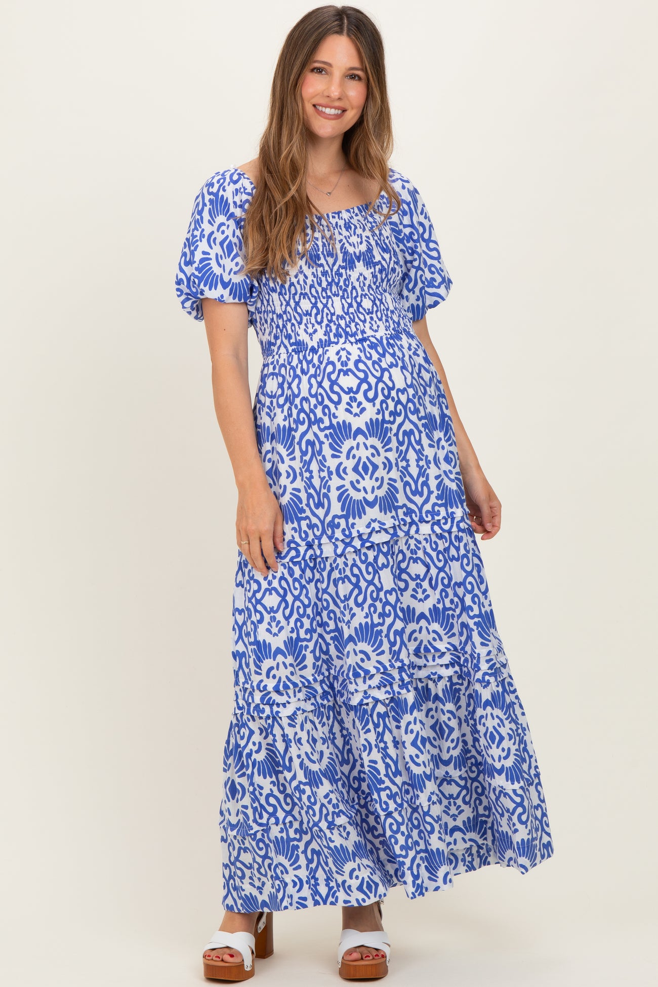 Royal Blue Printed Puff Sleeve Smocked Maternity Maxi Dress